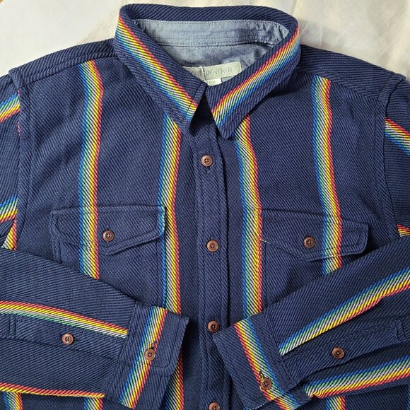 Outerknown NWT Sz M Organic Cotton Blanket Shirt Marine Rainbow Stripe - Picture 2 of 13